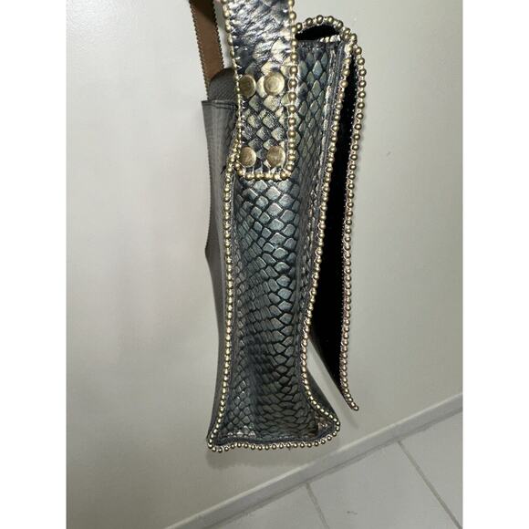 1992 Nina Arjani Leather 12x10" Shoulder Bag Cross Body Metallic Gold Snakeskin - Picture 5 of 16